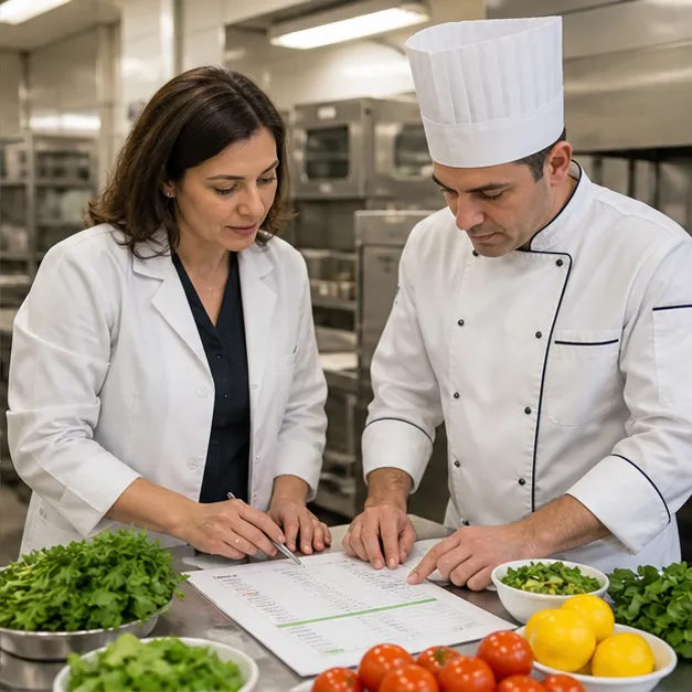 Aşçı ve uzman birlikte haftalık yemek menüsü planlıyor